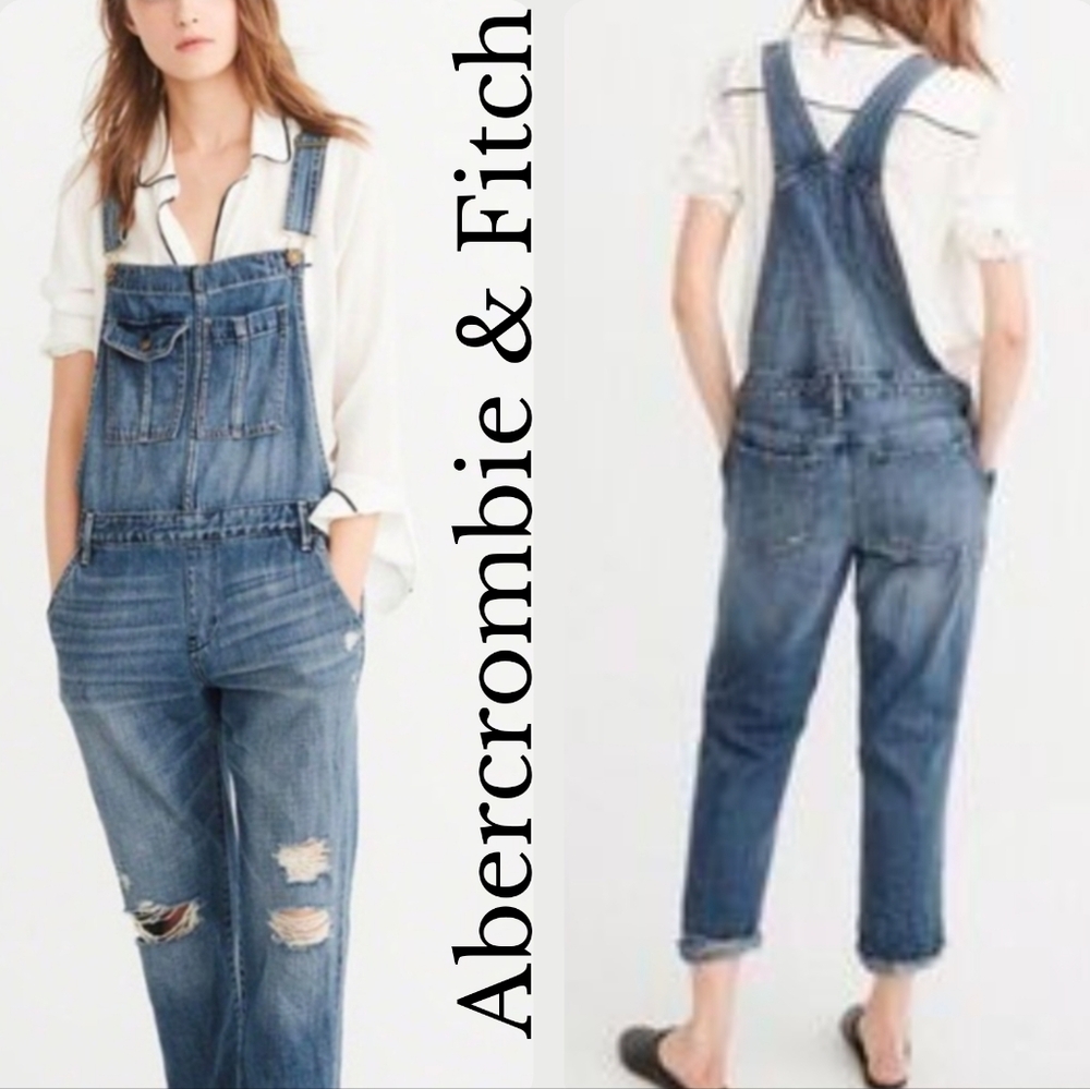 Abercrombie Distressed Slim Leg Medium Wash Denim Pocket Overalls Small